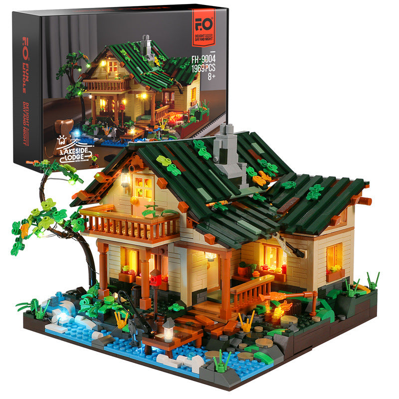 The Lakeside Hut Is Equipped With LED Lighting Puzzle Assembly Building Block Lighting Toys - TryKid