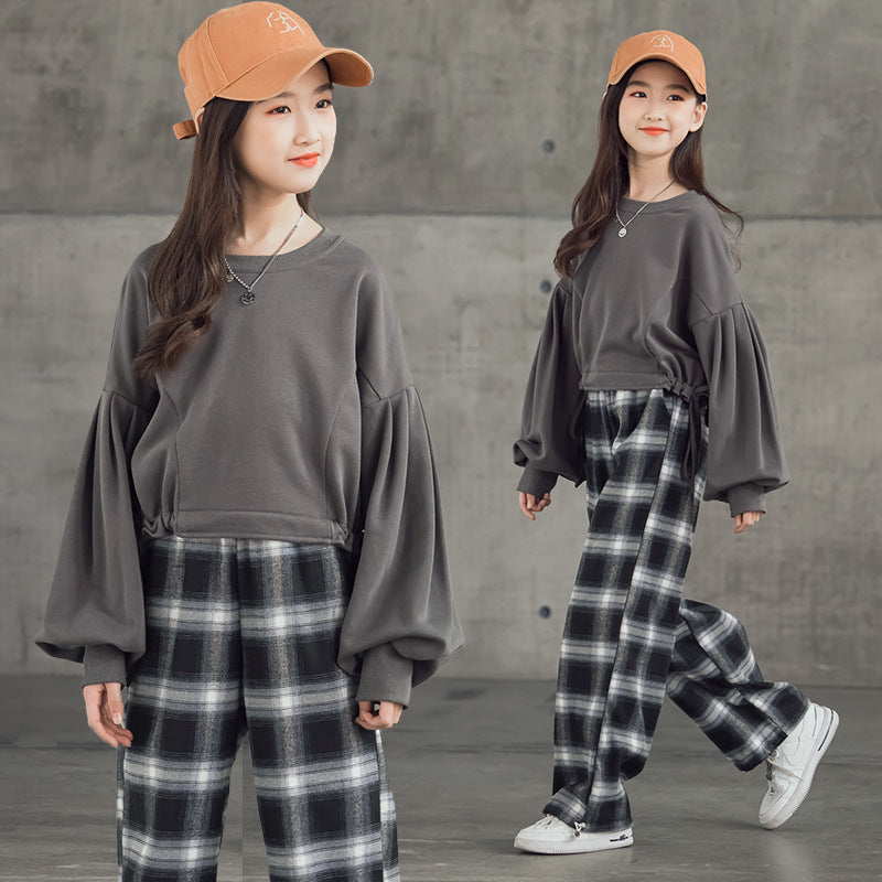 Girls' Suits Western Style Korean Children's Clothing Trendy Plaid Trousers Big Kids - TryKid