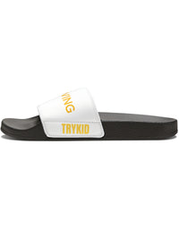 Stride in Style: Youth PU Slide Sandals featuring the TryKid Logo, Bicycle, and Keep Moving Unique Design for Cool and Trending Vibes!
