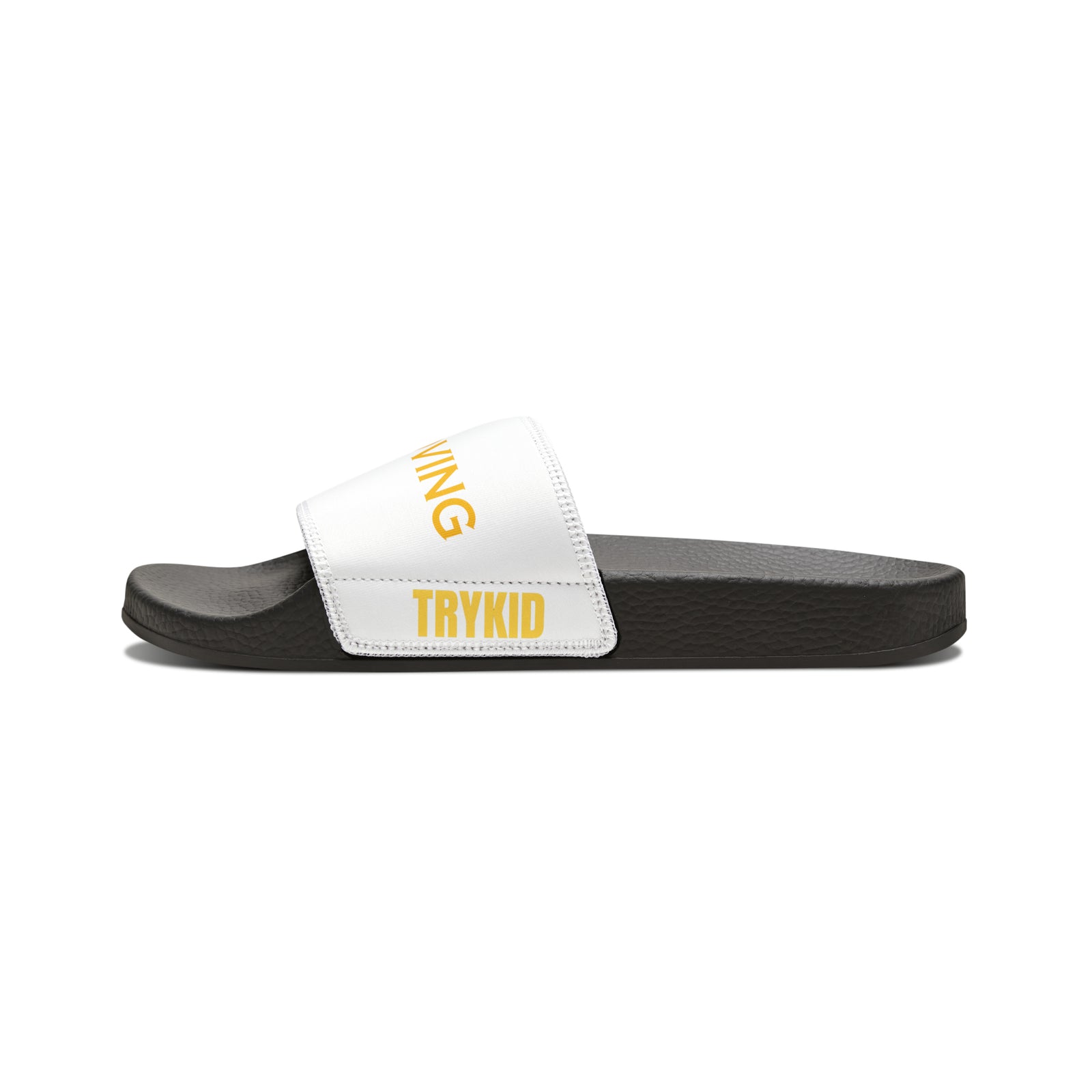 Stride in Style: Youth PU Slide Sandals featuring the TryKid Logo, Bicycle, and Keep Moving Unique Design for Cool and Trending Vibes!