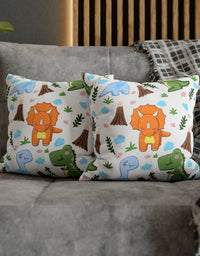 TryKid's Dino Haven Spun Polyester Square Pillow Case - Cozy and Stylish, Featuring the Same Vibrant Dinosaur and Tree Design for a Fun Kids' Bedroom
