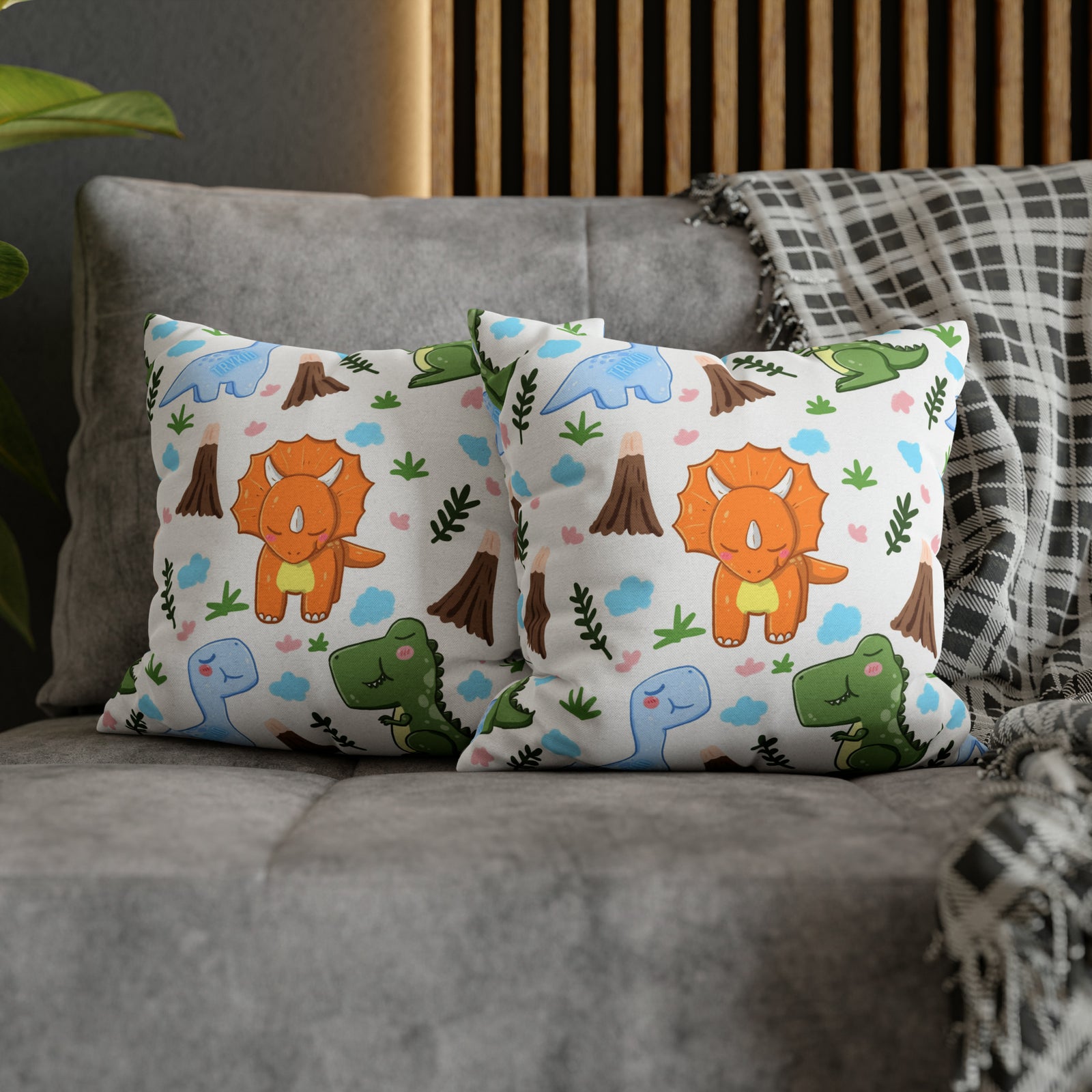 TryKid's Dino Haven Spun Polyester Square Pillow Case - Cozy and Stylish, Featuring the Same Vibrant Dinosaur and Tree Design for a Fun Kids' Bedroom