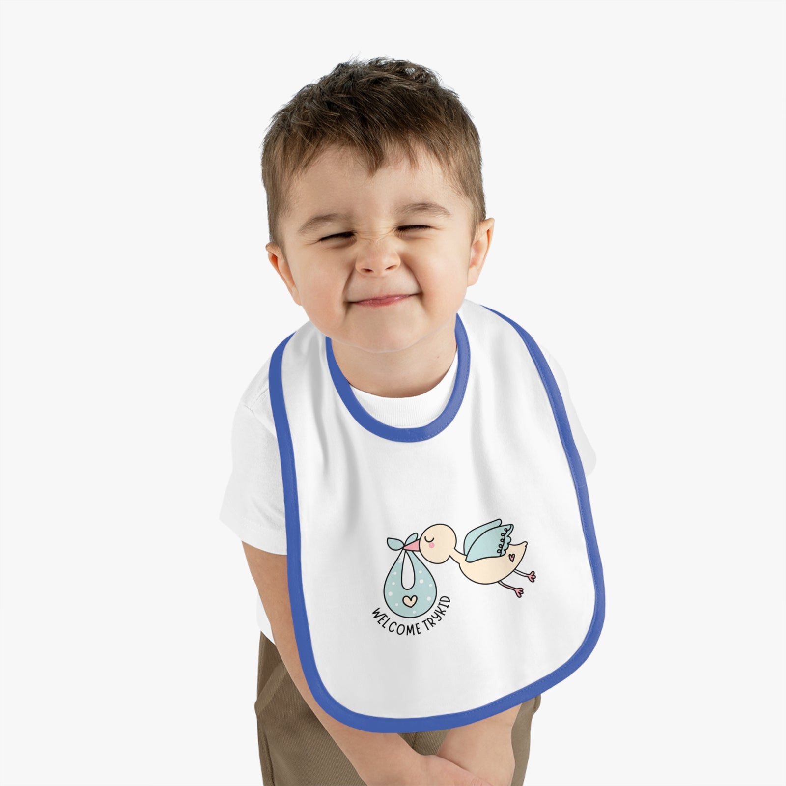 Adorable Baby Contrast Trim Jersey Bib with Exclusive TryKid Logo and Charming Bird Design - A Stylish and Practical Essential for Mess-Free Meals