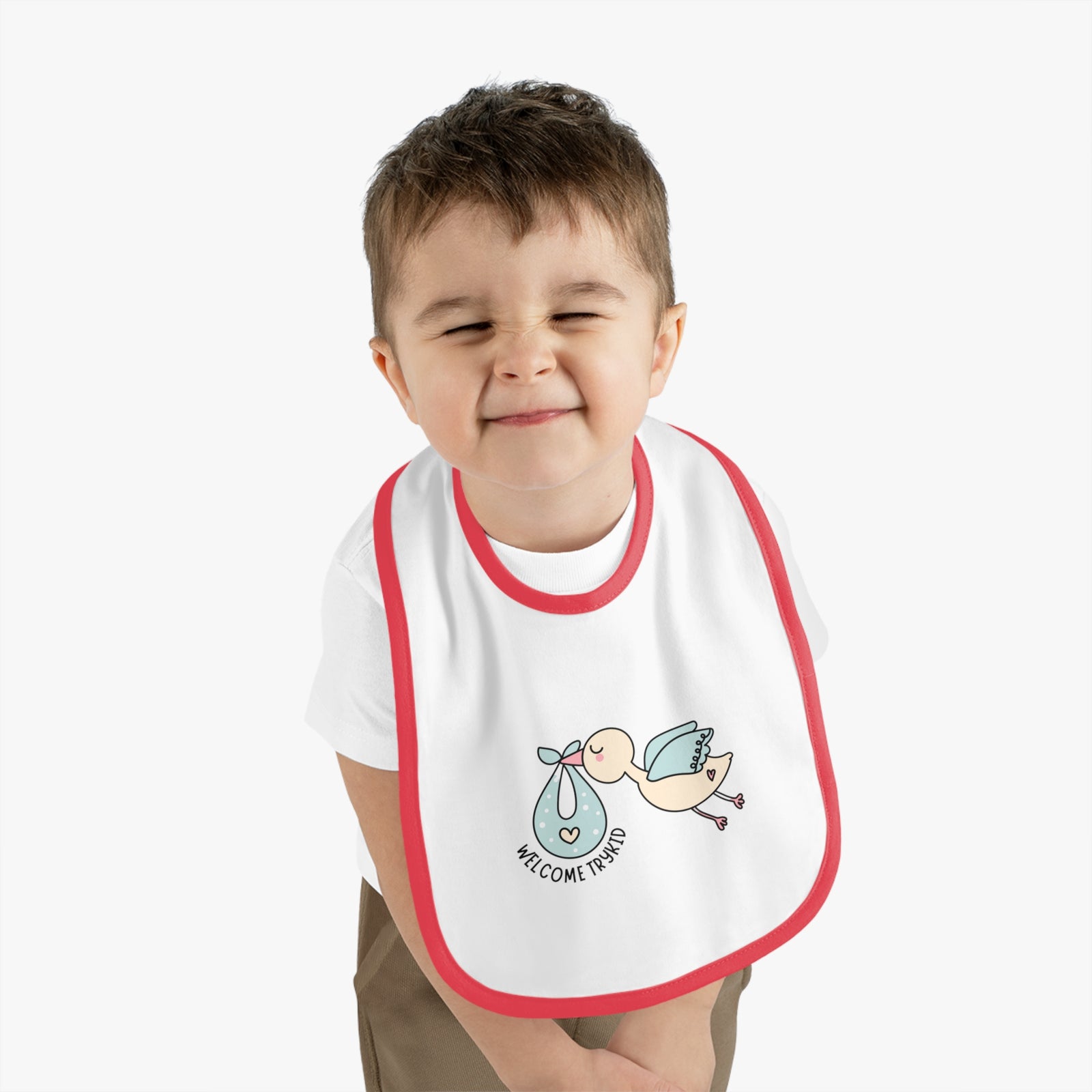 Adorable Baby Contrast Trim Jersey Bib with Exclusive TryKid Logo and Charming Bird Design - A Stylish and Practical Essential for Mess-Free Meals