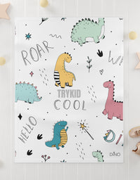 Dino Delight: Soft Fleece Baby Blanket with Playful Dinosaur Pattern Print and TryKid Logo for Cozy Cuddles
