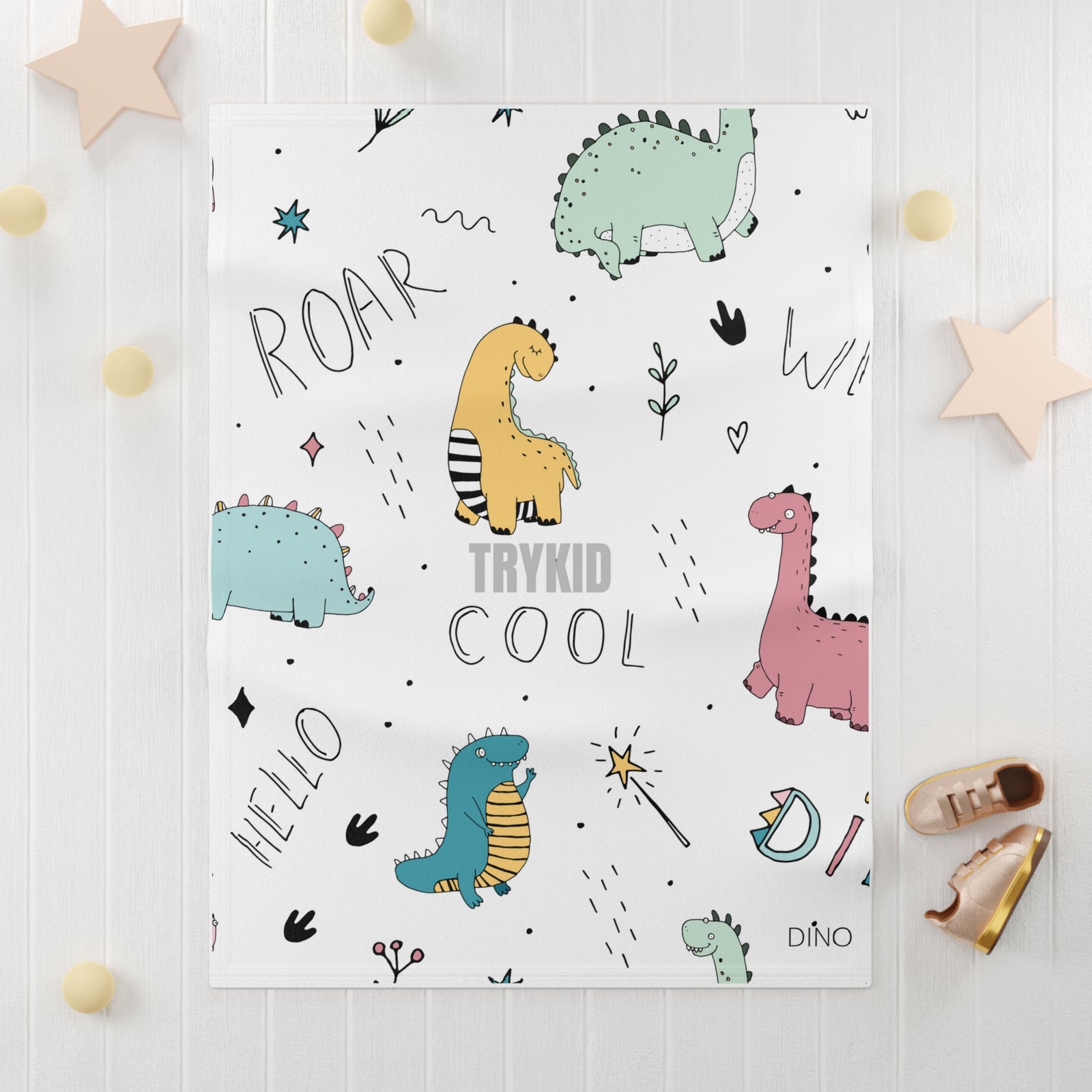 Dino Delight: Soft Fleece Baby Blanket with Playful Dinosaur Pattern Print and TryKid Logo for Cozy Cuddles
