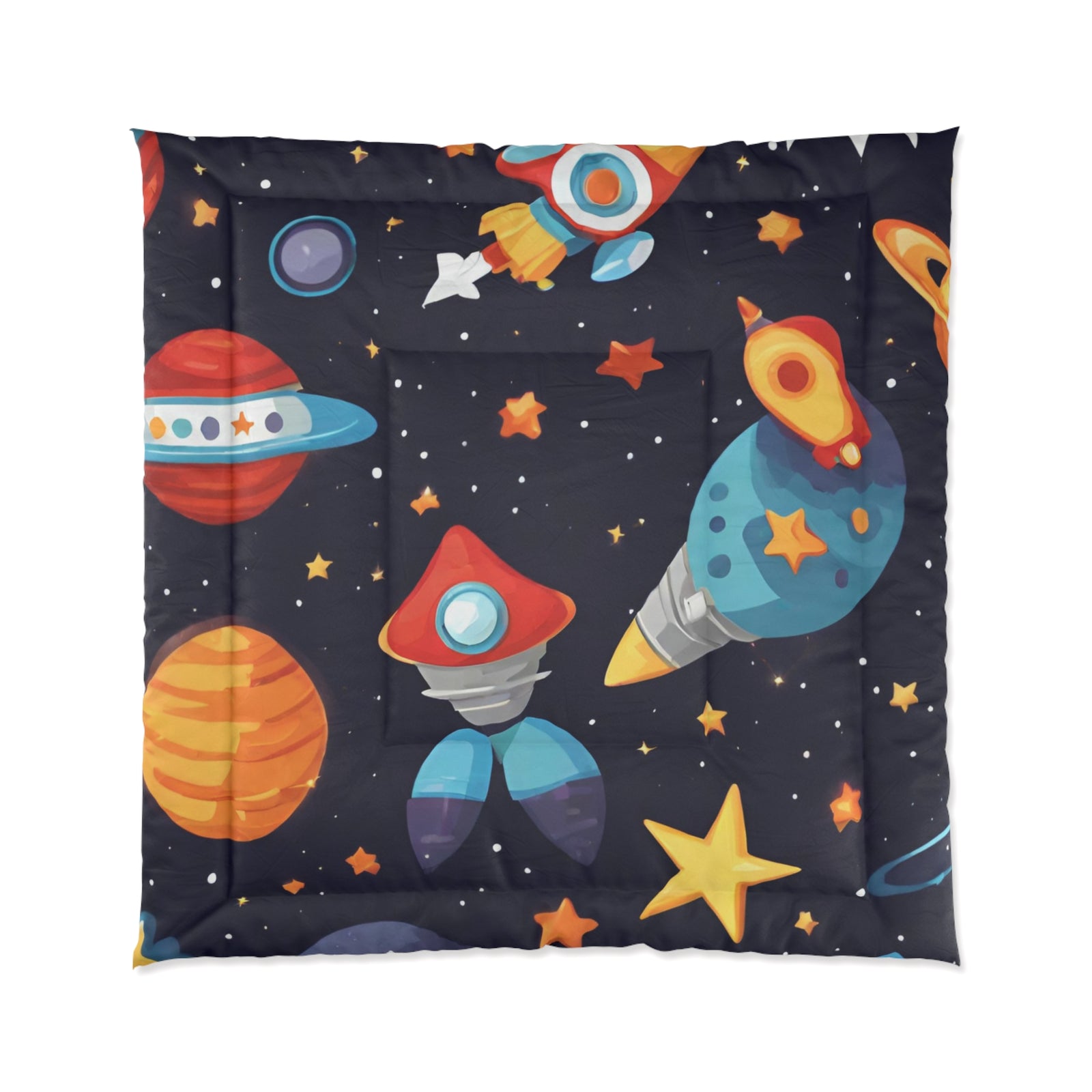 Galactic Dreams Comforter: Whimsical Stars, Sky, Galaxy Spaceships, and Fun Imagery for Kids