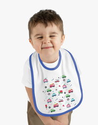 TryKid's Fun Ride Contrast Trim Jersey Bib for Babies - Featuring Cars and Exciting Designs for a Playful Mealtime Experience
