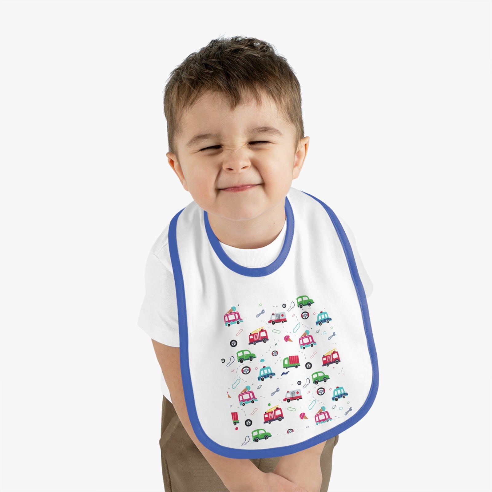 TryKid's Fun Ride Contrast Trim Jersey Bib for Babies - Featuring Cars and Exciting Designs for a Playful Mealtime Experience