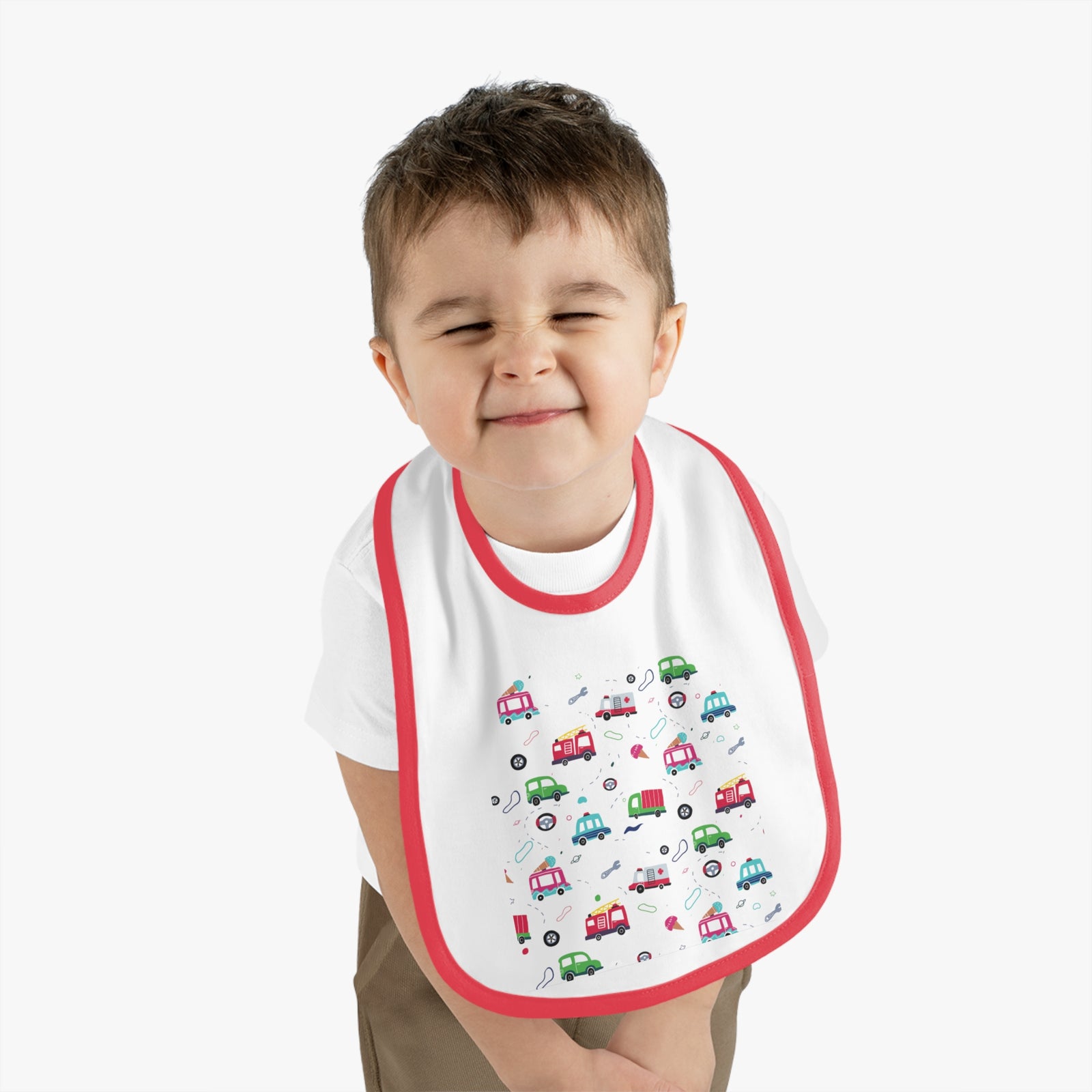 TryKid's Fun Ride Contrast Trim Jersey Bib for Babies - Featuring Cars and Exciting Designs for a Playful Mealtime Experience