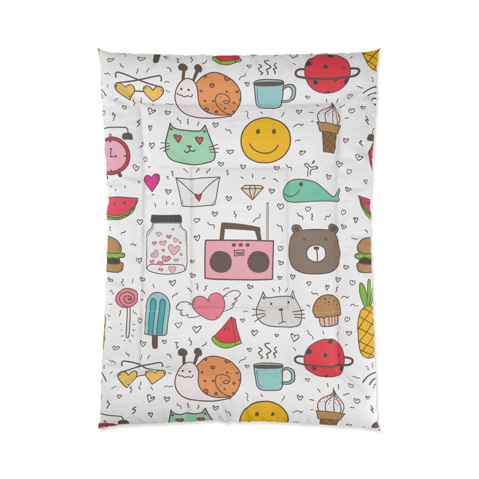 Kids' Wonderland Comforter - A Cool and Trending Pattern with Hearts, Toys, Emojis, Bears, and More - Perfect for a Playful and Vibrant Bedroom Atmosphere
