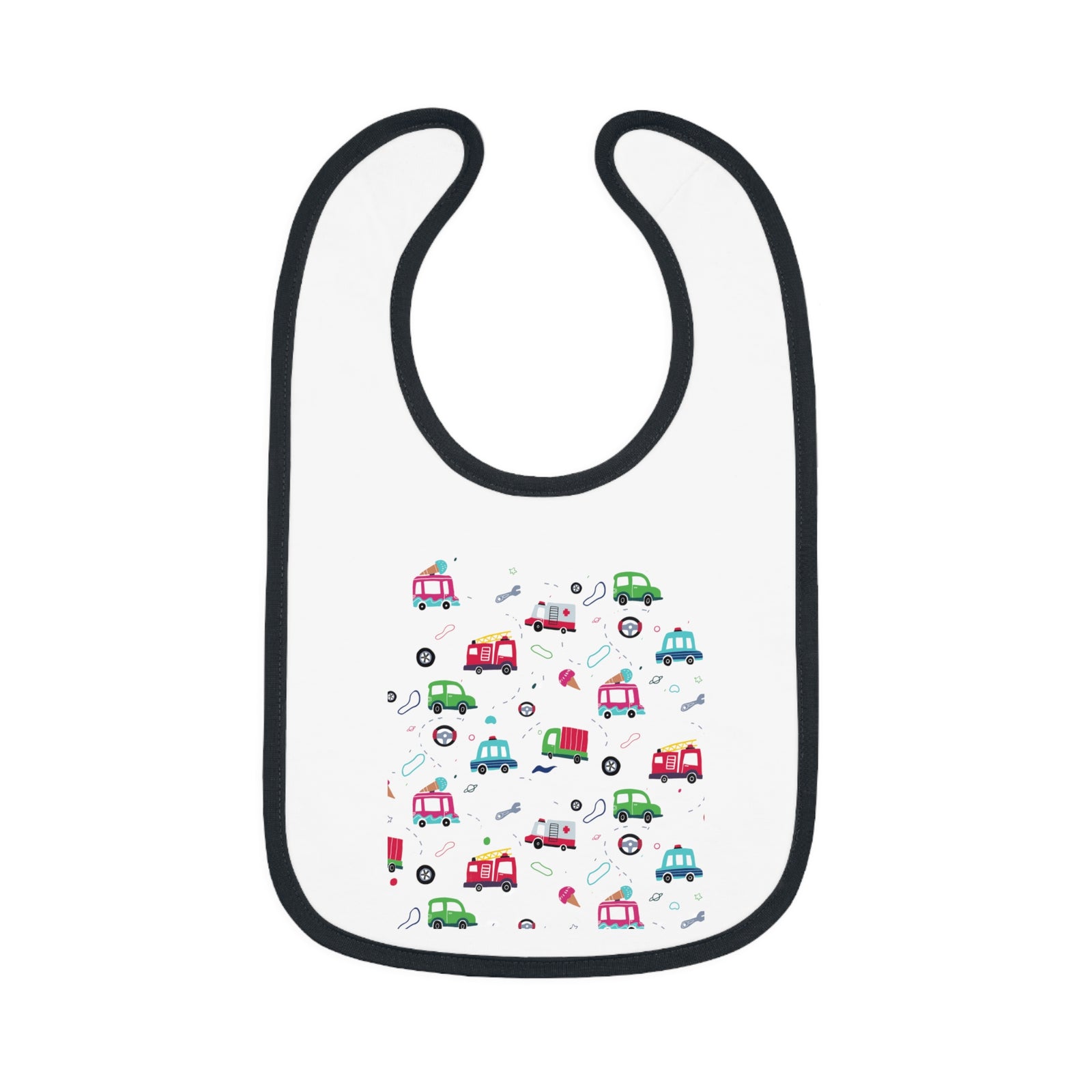 TryKid's Fun Ride Contrast Trim Jersey Bib for Babies - Featuring Cars and Exciting Designs for a Playful Mealtime Experience