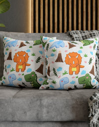 TryKid's Dino Haven Spun Polyester Square Pillow Case - Cozy and Stylish, Featuring the Same Vibrant Dinosaur and Tree Design for a Fun Kids' Bedroom
