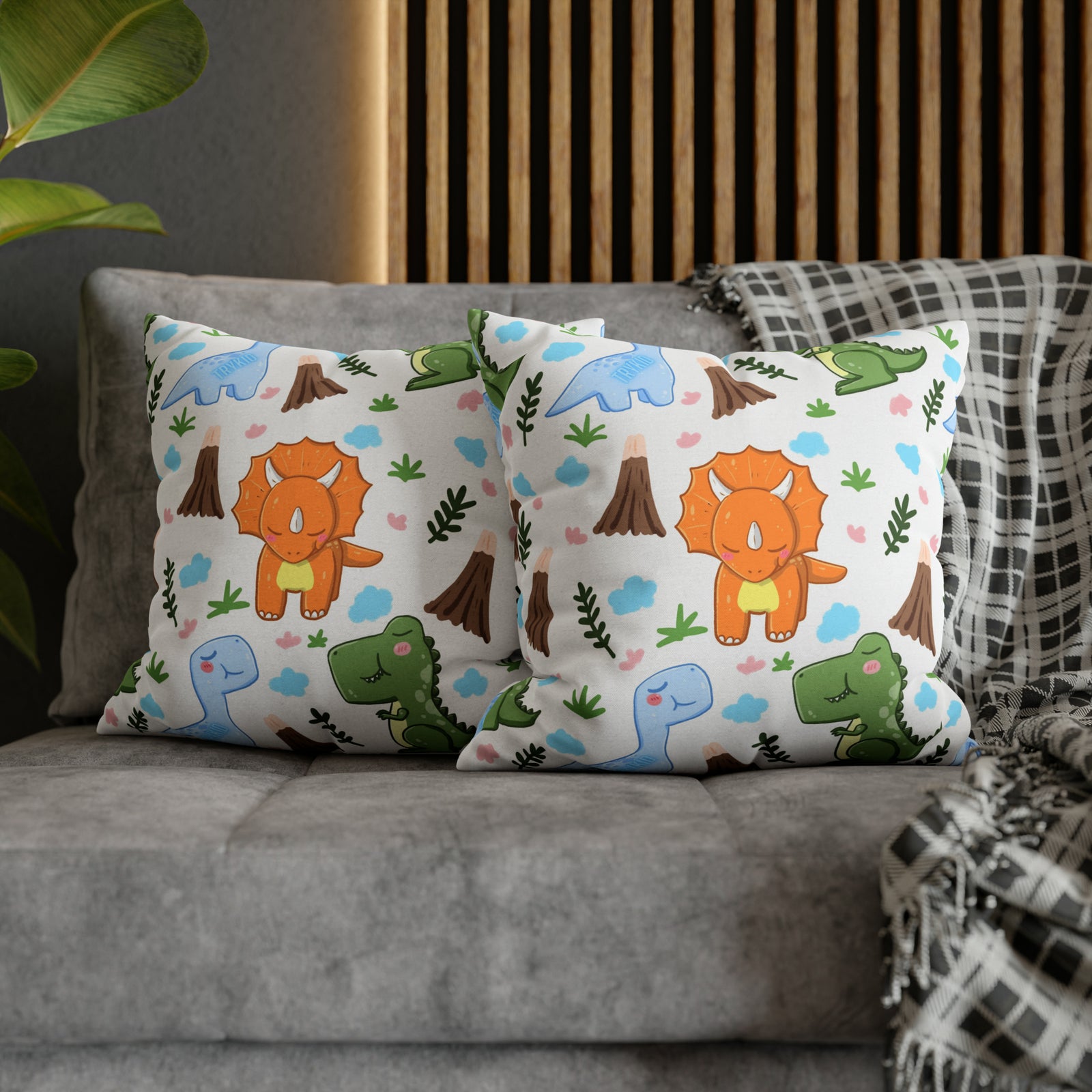 TryKid's Dino Haven Spun Polyester Square Pillow Case - Cozy and Stylish, Featuring the Same Vibrant Dinosaur and Tree Design for a Fun Kids' Bedroom