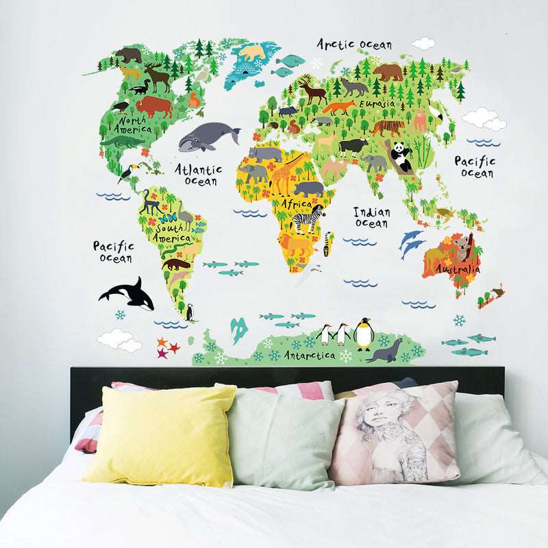 Animal cartoon map bedroom living room background wall sticker