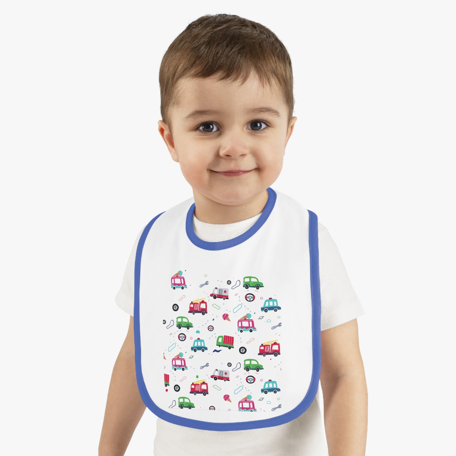 TryKid's Fun Ride Contrast Trim Jersey Bib for Babies - Featuring Cars and Exciting Designs for a Playful Mealtime Experience