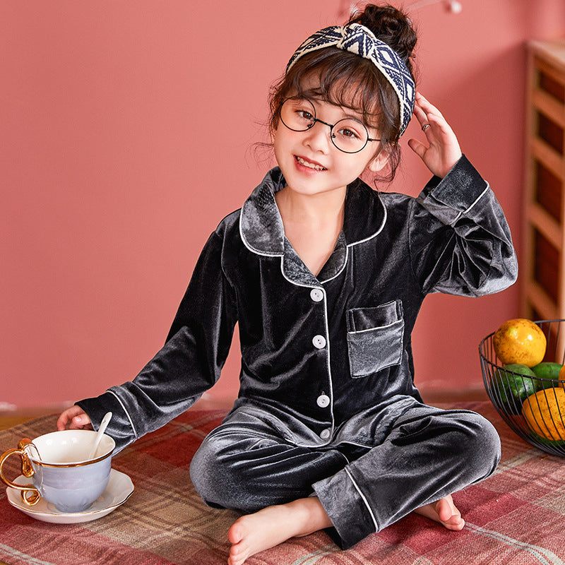Children's Gold Velvet Solid Color Pajamas Set - TryKid