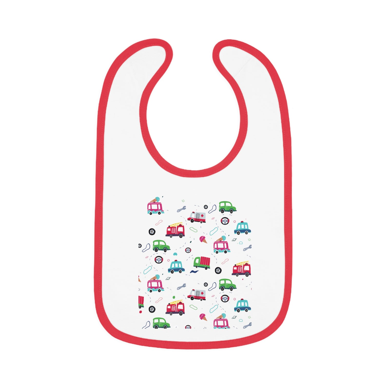 TryKid's Fun Ride Contrast Trim Jersey Bib for Babies - Featuring Cars and Exciting Designs for a Playful Mealtime Experience