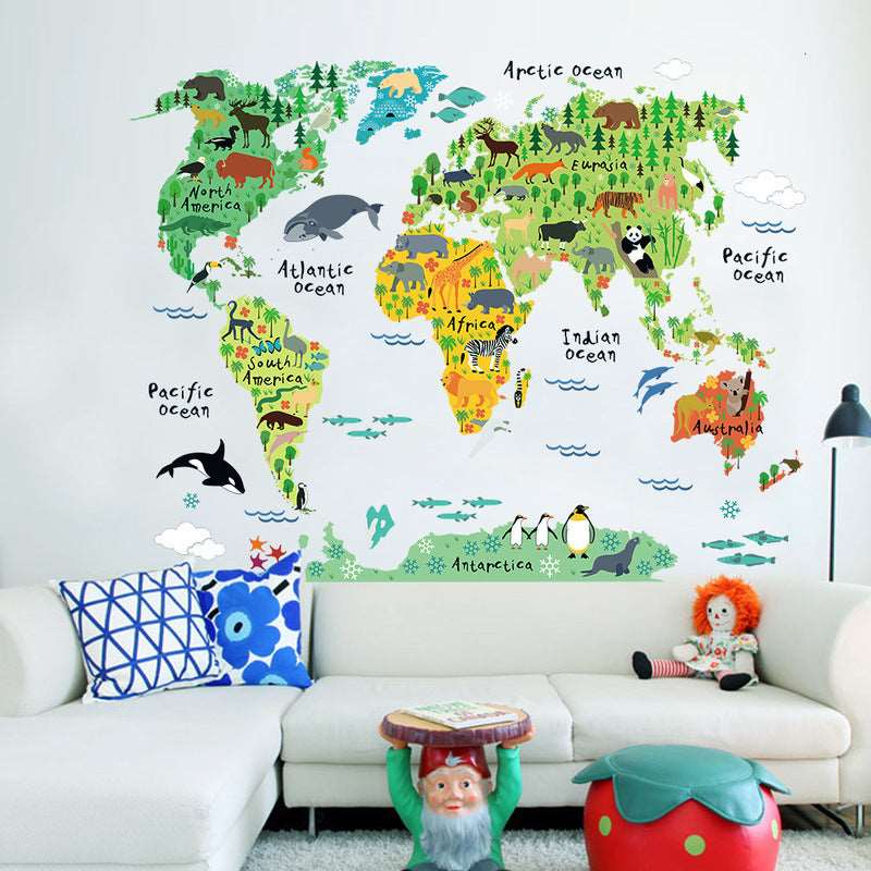 Animal cartoon map bedroom living room background wall sticker