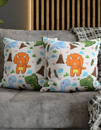 TryKid's Dino Haven Spun Polyester Square Pillow Case - Cozy and Stylish, Featuring the Same Vibrant Dinosaur and Tree Design for a Fun Kids' Bedroom
