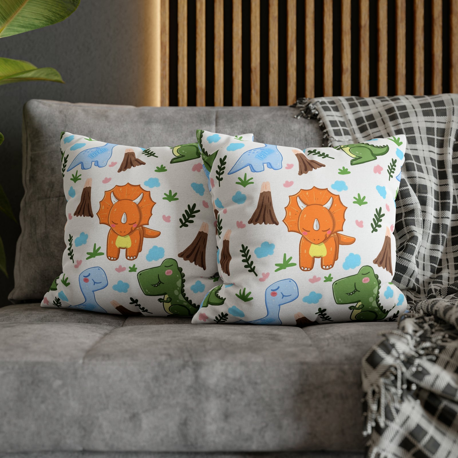 TryKid's Dino Haven Spun Polyester Square Pillow Case - Cozy and Stylish, Featuring the Same Vibrant Dinosaur and Tree Design for a Fun Kids' Bedroom