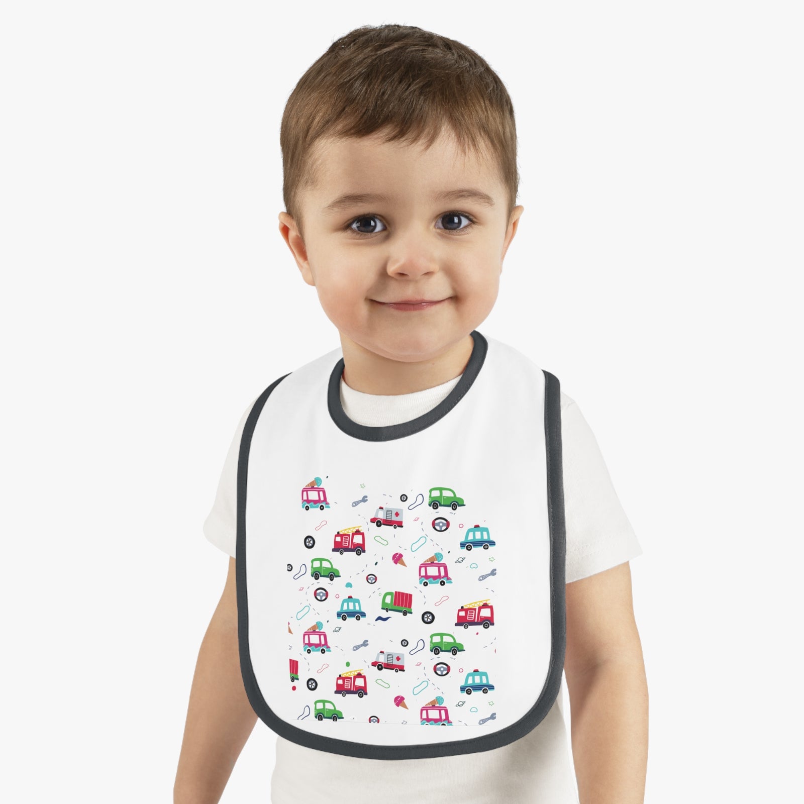 TryKid's Fun Ride Contrast Trim Jersey Bib for Babies - Featuring Cars and Exciting Designs for a Playful Mealtime Experience