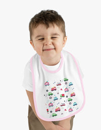 TryKid's Fun Ride Contrast Trim Jersey Bib for Babies - Featuring Cars and Exciting Designs for a Playful Mealtime Experience
