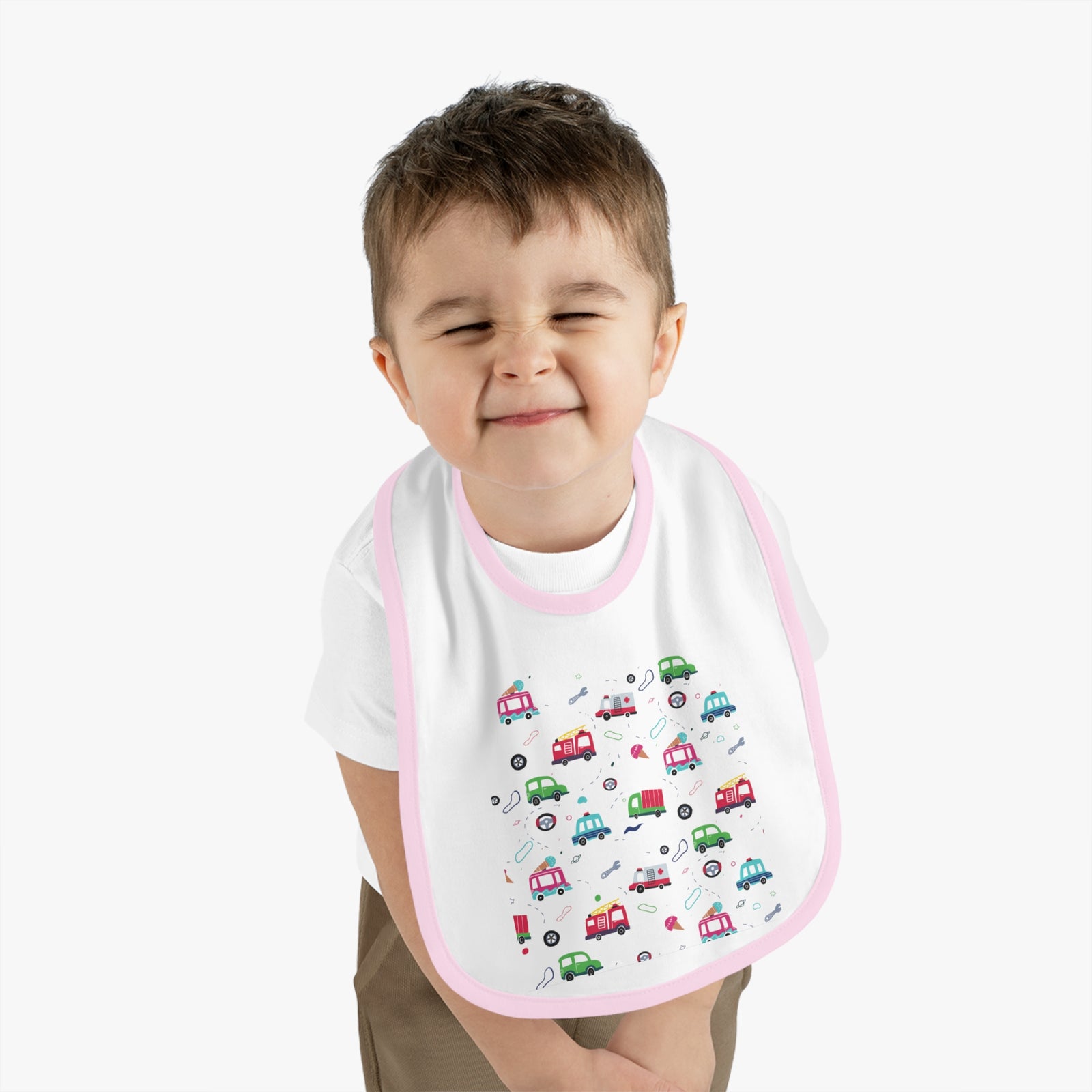 TryKid's Fun Ride Contrast Trim Jersey Bib for Babies - Featuring Cars and Exciting Designs for a Playful Mealtime Experience