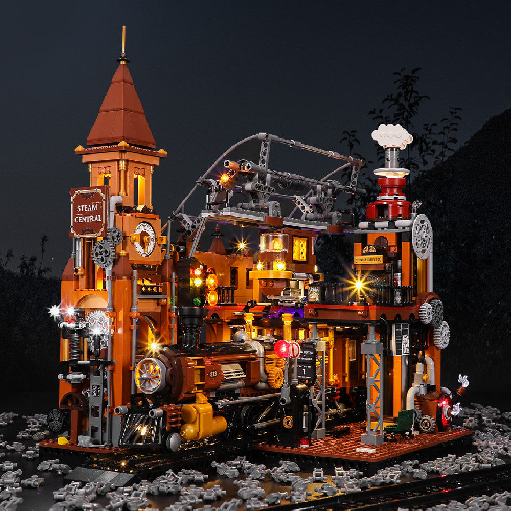 Steampunk Train Station Building Blocks Light Puzzle Model Toys - TryKid