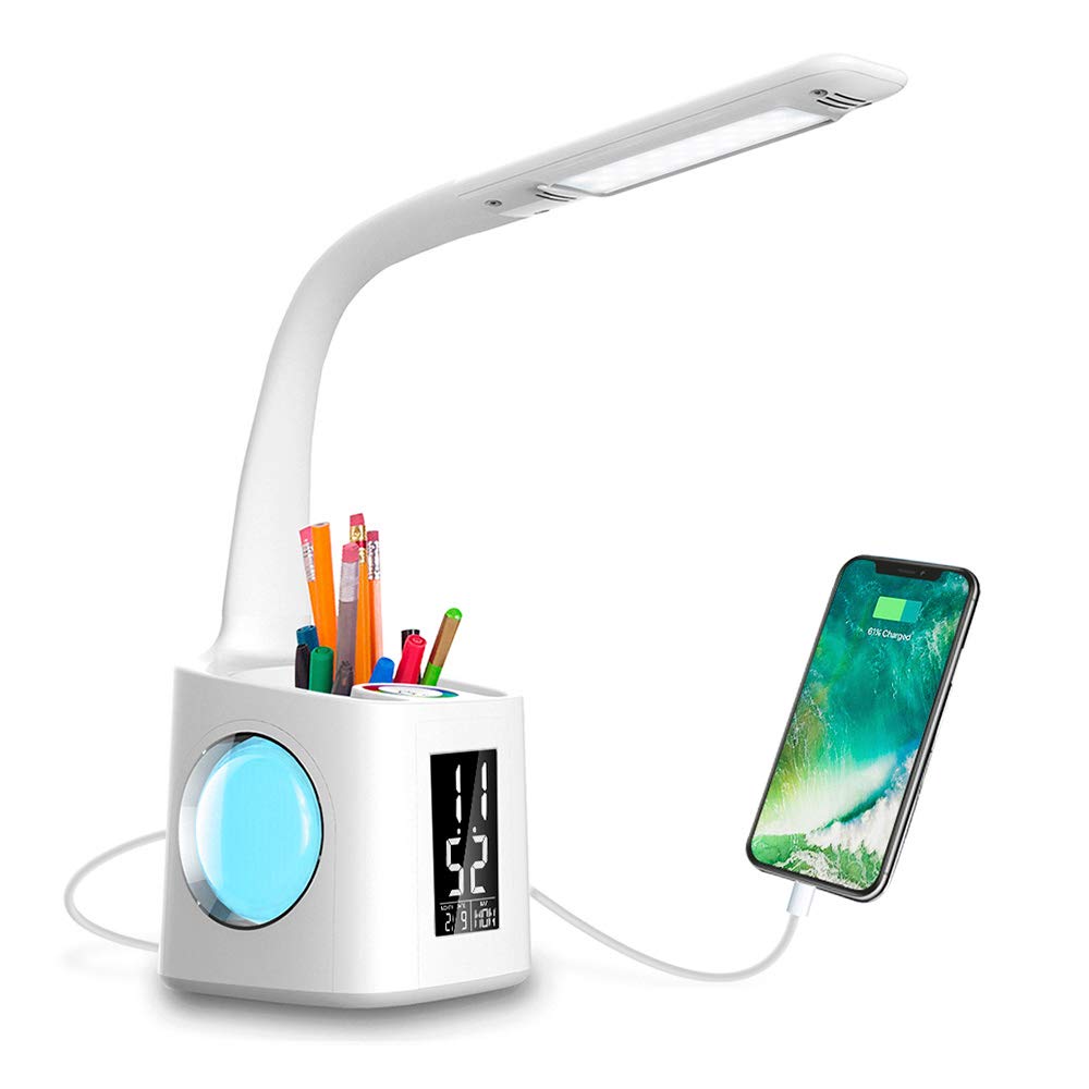 Study LED Desk Lamp USB Charging Port&Screen&Calendar&Colors Night Light Kids Dimmable Table Lamp With Pen Hold - TryKid