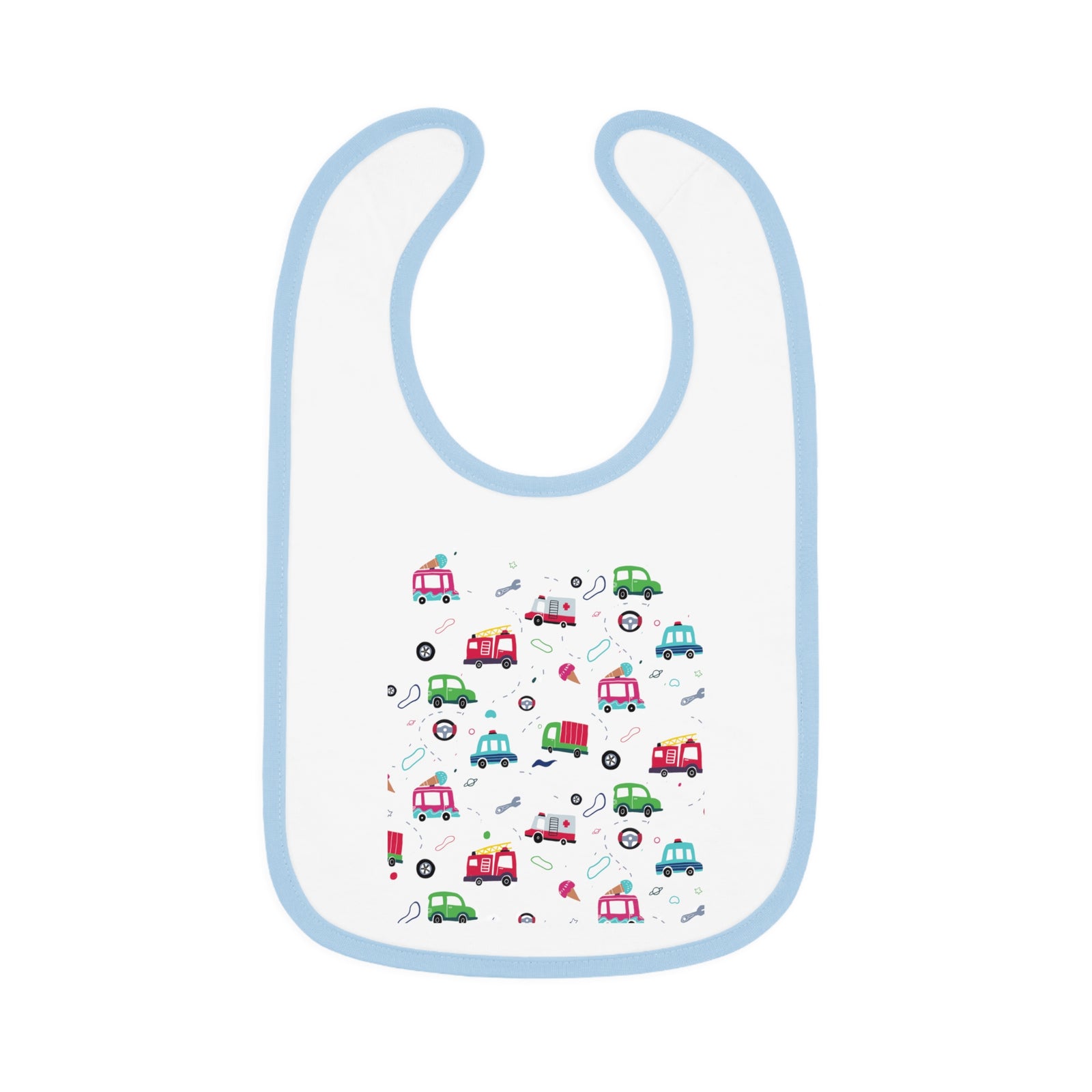 TryKid's Fun Ride Contrast Trim Jersey Bib for Babies - Featuring Cars and Exciting Designs for a Playful Mealtime Experience