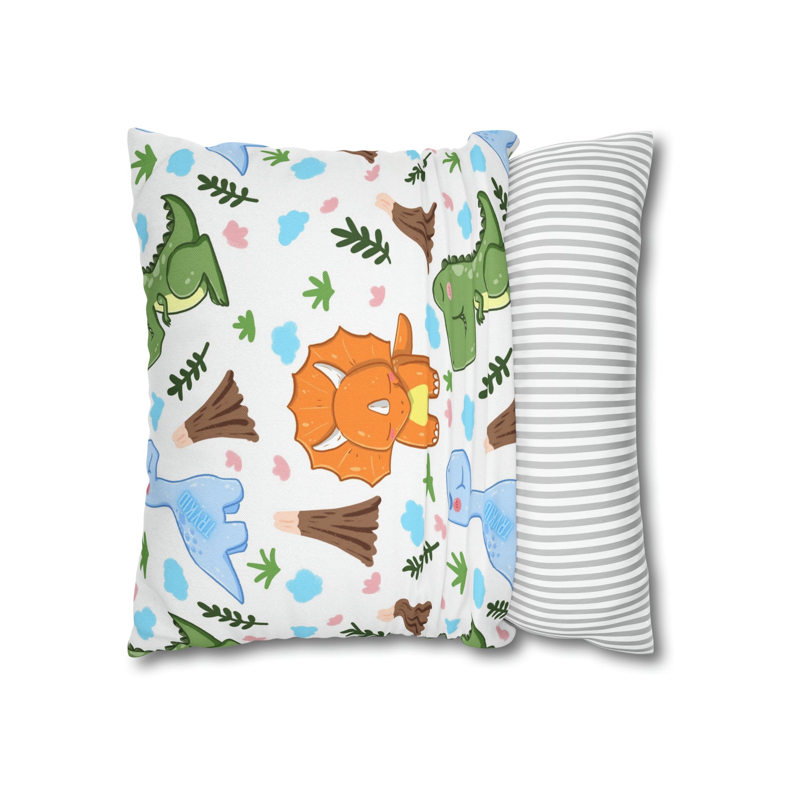 TryKid's Dino Haven Spun Polyester Square Pillow Case - Cozy and Stylish, Featuring the Same Vibrant Dinosaur and Tree Design for a Fun Kids' Bedroom