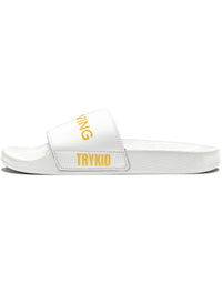 Stride in Style: Youth PU Slide Sandals featuring the TryKid Logo, Bicycle, and Keep Moving Unique Design for Cool and Trending Vibes!
