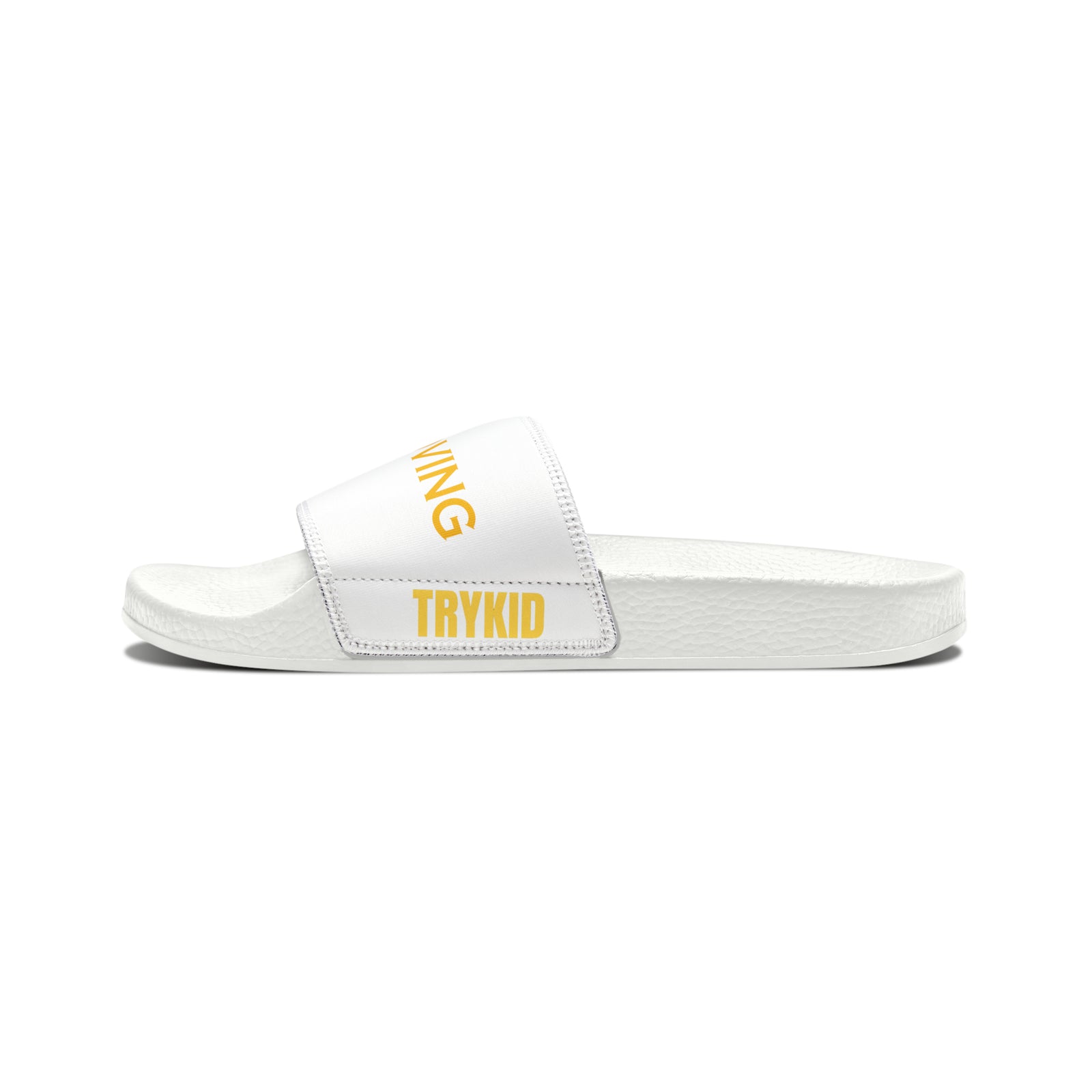 Stride in Style: Youth PU Slide Sandals featuring the TryKid Logo, Bicycle, and Keep Moving Unique Design for Cool and Trending Vibes!