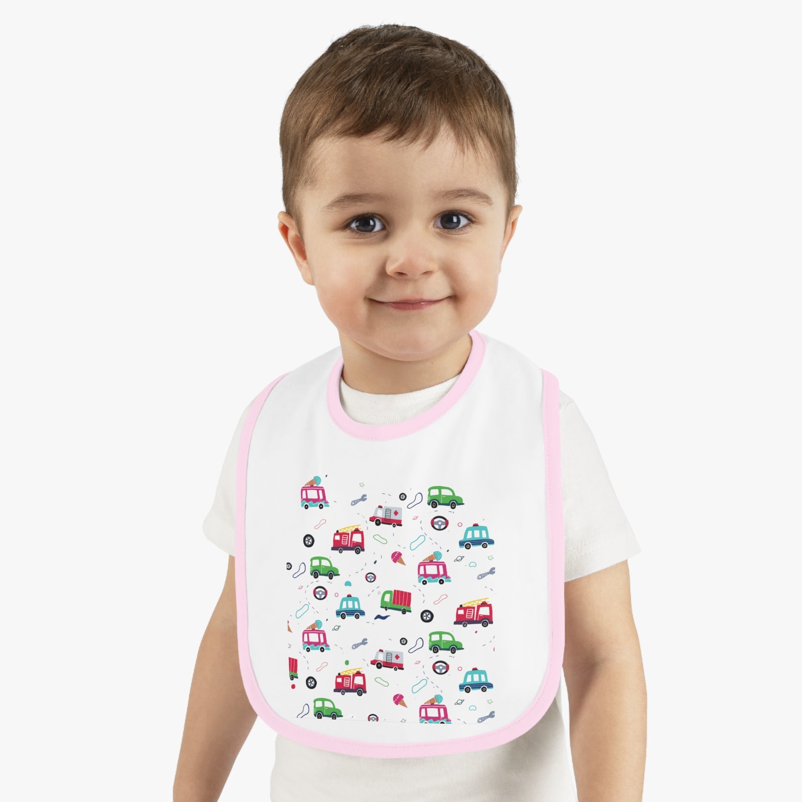 TryKid's Fun Ride Contrast Trim Jersey Bib for Babies - Featuring Cars and Exciting Designs for a Playful Mealtime Experience