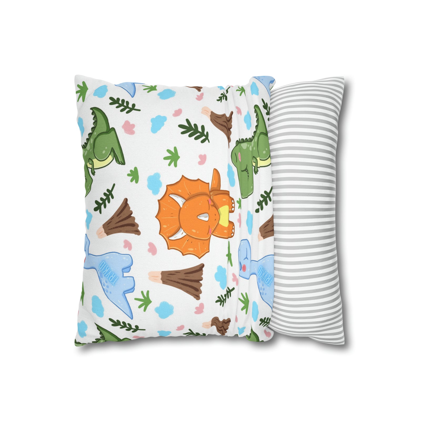 TryKid's Dino Haven Spun Polyester Square Pillow Case - Cozy and Stylish, Featuring the Same Vibrant Dinosaur and Tree Design for a Fun Kids' Bedroom