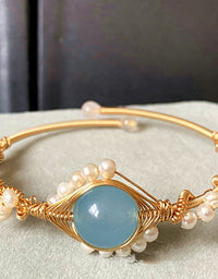 14K GoldWrapped Handmade Bracelet Hailan Baohai Sapphire Natural White Pearl Bracelet
