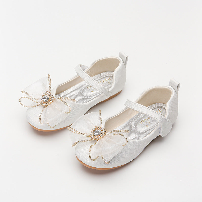 Spring New Girls' Single Shoes Cute Bow Rhinestone Soft Sole Flat Shoes - TryKid