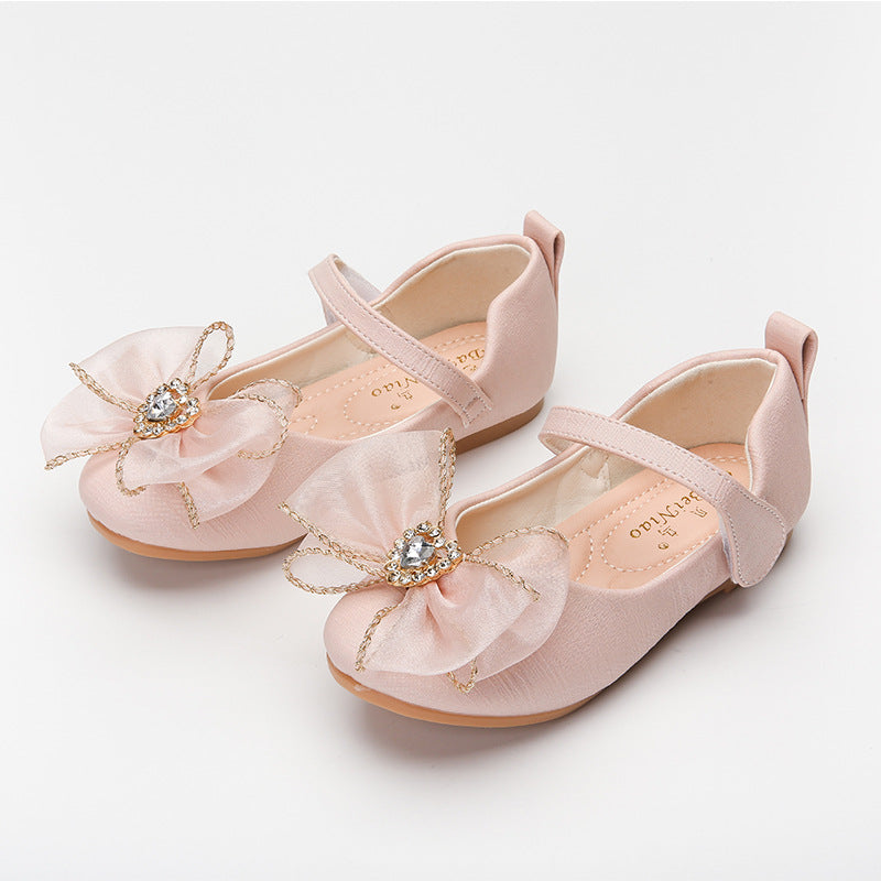 Spring New Girls' Single Shoes Cute Bow Rhinestone Soft Sole Flat Shoes - TryKid