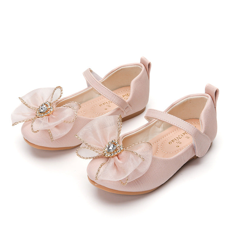 Spring New Girls' Single Shoes Cute Bow Rhinestone Soft Sole Flat Shoes - TryKid