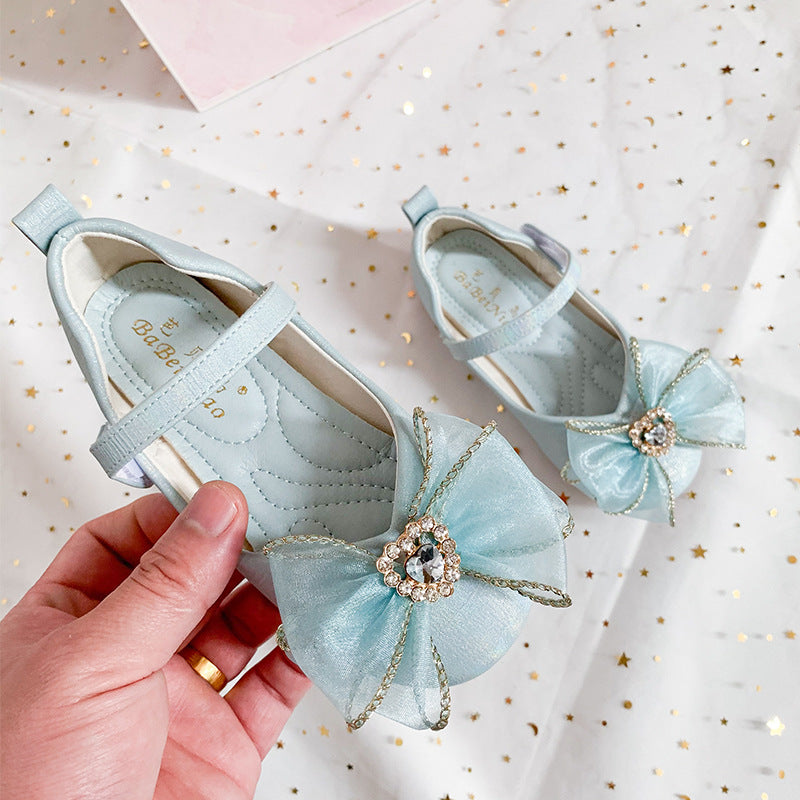 Spring New Girls' Single Shoes Cute Bow Rhinestone Soft Sole Flat Shoes - TryKid