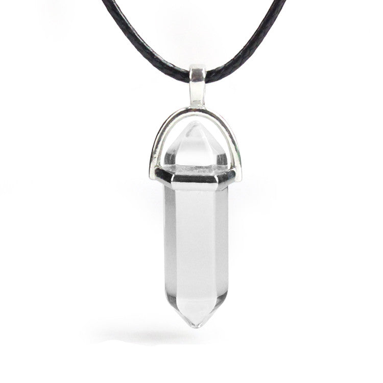 European And American Fashion Natural Crystal Hexagonal Column Pendant Necklace, Crystal Stone Faceted Diamond Pendant