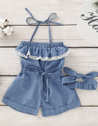 Ins Foreign Trade Platform For Cross-Border Infant Spinning Jeans Hanging Neck Jumpsuit Denim Headband Two-Piece Set - TryKid
