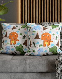 TryKid's Dino Haven Spun Polyester Square Pillow Case - Cozy and Stylish, Featuring the Same Vibrant Dinosaur and Tree Design for a Fun Kids' Bedroom
