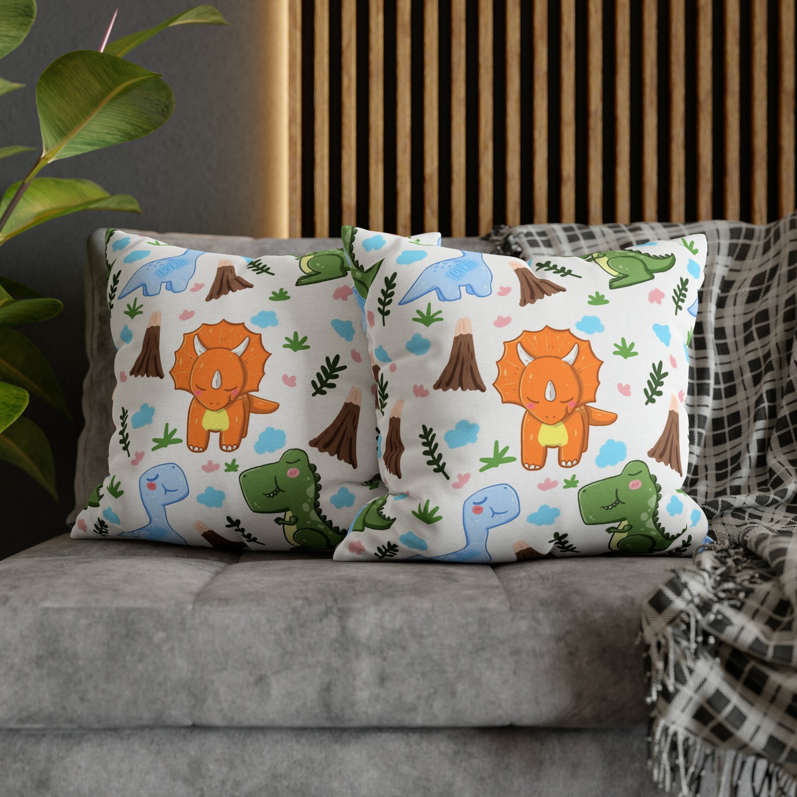 TryKid's Dino Haven Spun Polyester Square Pillow Case - Cozy and Stylish, Featuring the Same Vibrant Dinosaur and Tree Design for a Fun Kids' Bedroom