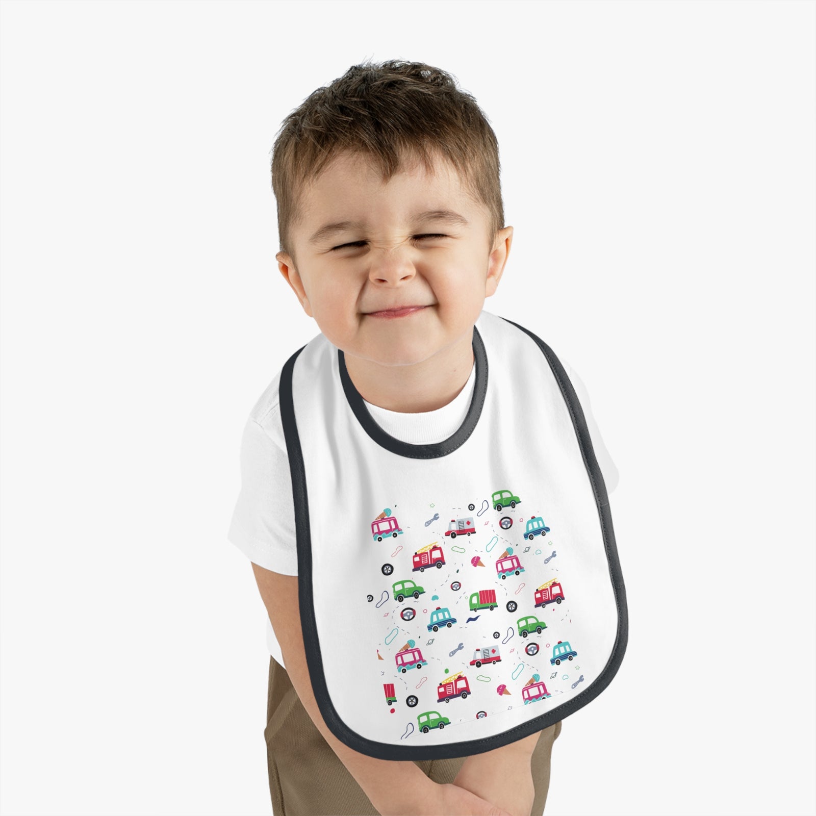 TryKid's Fun Ride Contrast Trim Jersey Bib for Babies - Featuring Cars and Exciting Designs for a Playful Mealtime Experience