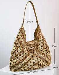 Young Girls Fashion Handmade Straw Woven Hollow Contrast Color Weave Shoulder Bag
