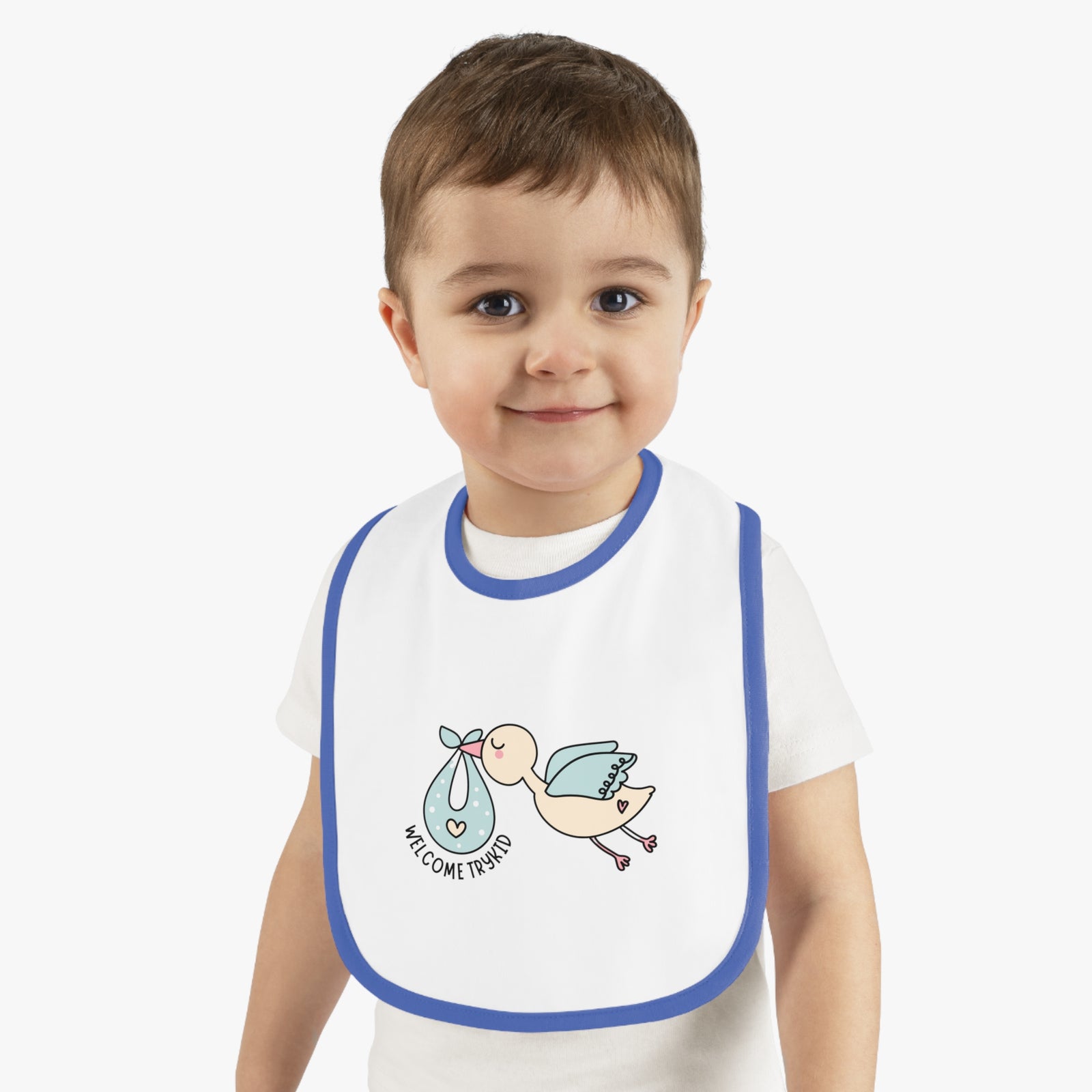 Adorable Baby Contrast Trim Jersey Bib with Exclusive TryKid Logo and Charming Bird Design - A Stylish and Practical Essential for Mess-Free Meals