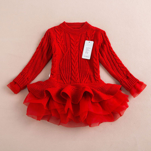 Winter Girls Christmas Dresses Knitted Kids Clothes Warm Red - TryKid