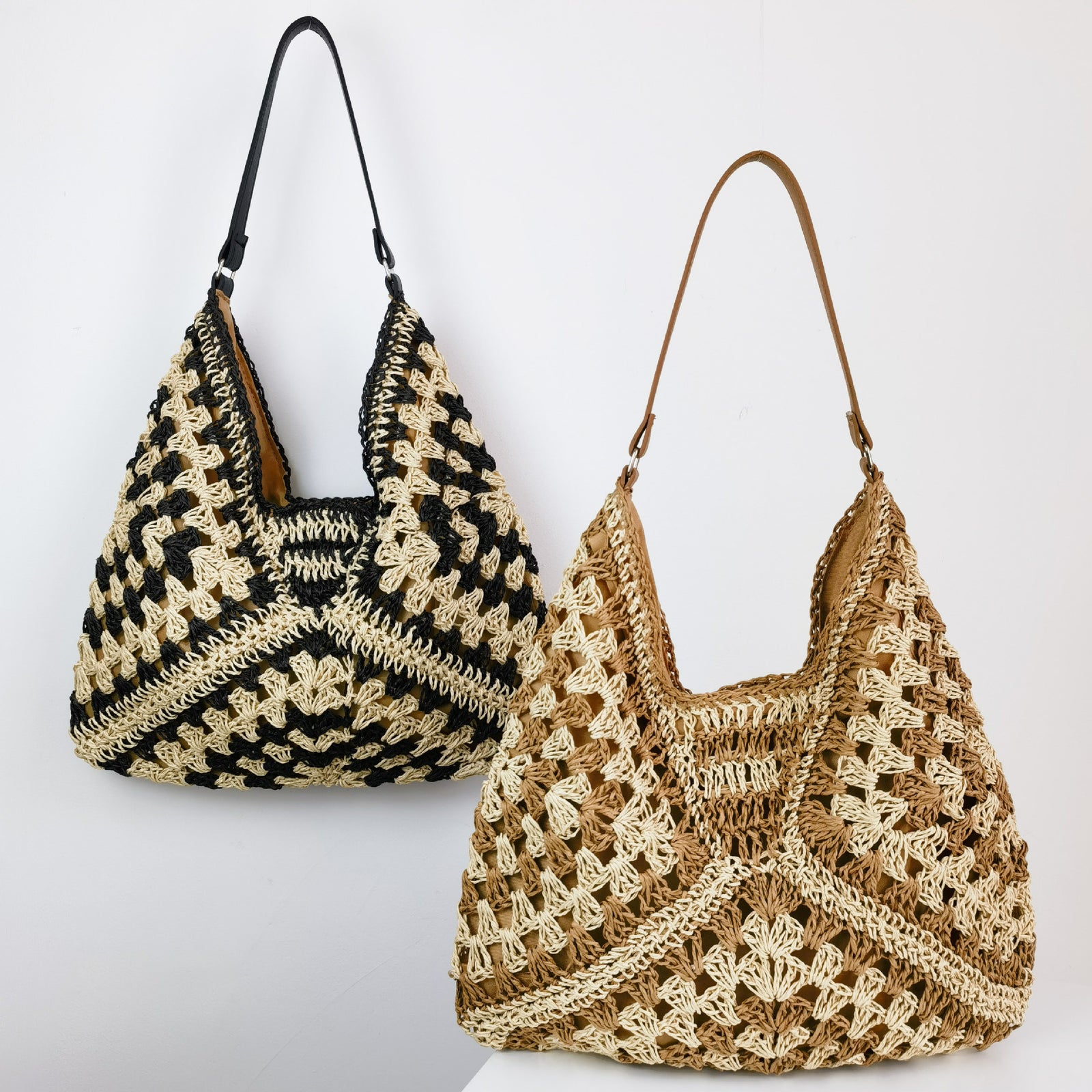 Young Girls Fashion Handmade Straw Woven Hollow Contrast Color Weave Shoulder Bag